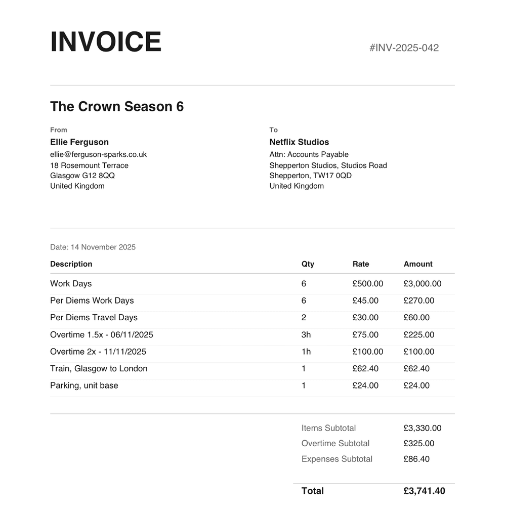 A Caley invoice PDF for The Crown Season 6, billed to Netflix Studios, itemising six work days, per diems, overtime and expenses, totalling £3,741.40.